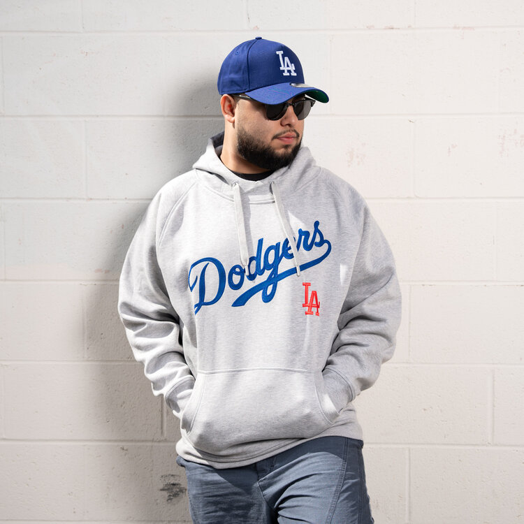 Antigua LA Dodgers Pullover Hoodie Heather Gray w/Red LA