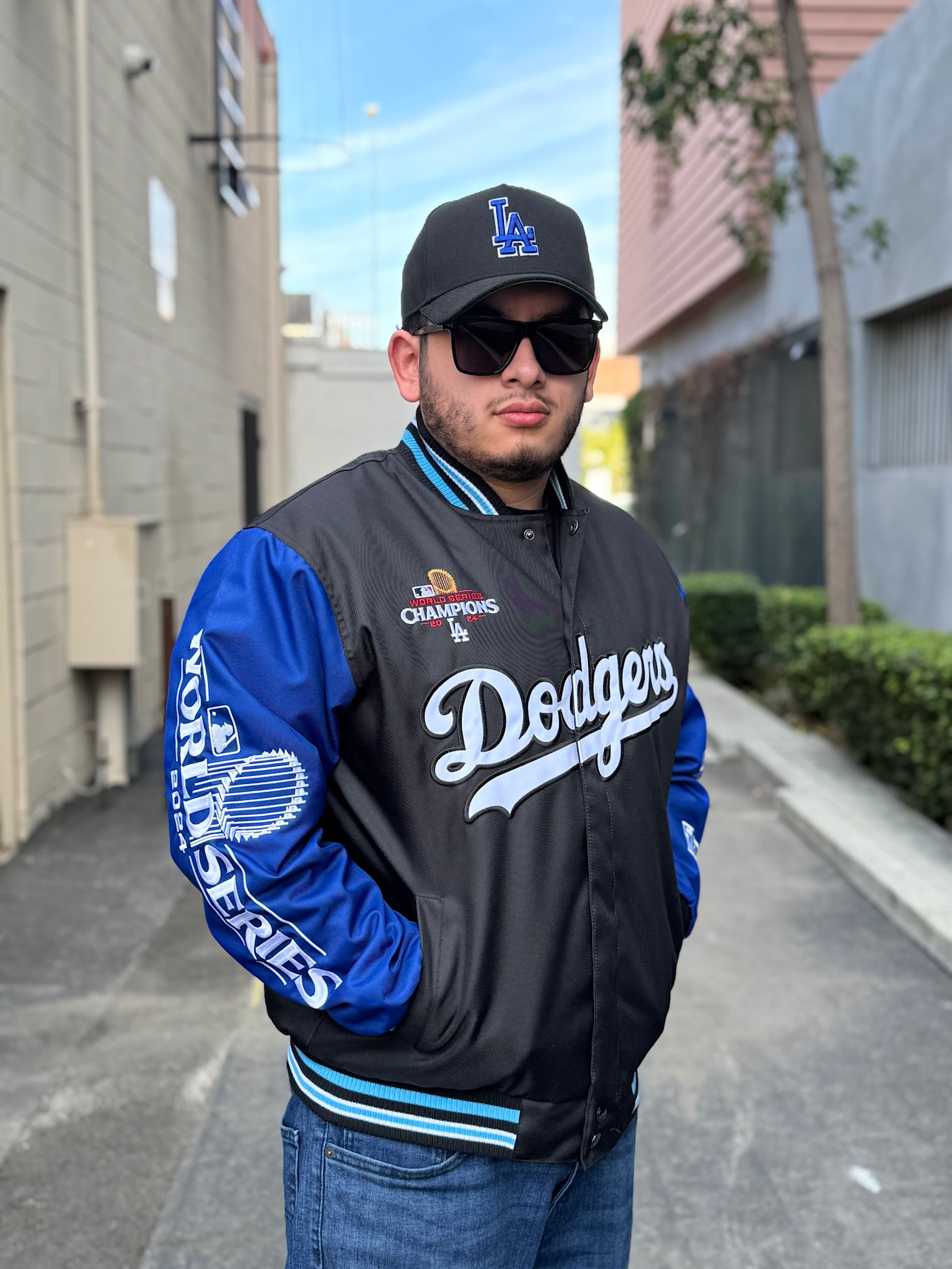 LA 2024 WS Champs Black Royal Button Snap Varsity Jacket LA 2024 WS Champs Black Royal Button Snap Varsity Jacket