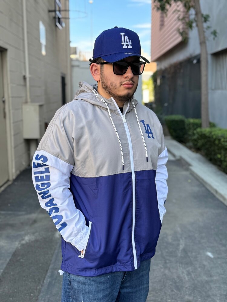 New Era LA Dodgers Men's NE Full-Zip Color Block 2.0 Windbreaker with Hood Gray/Royal