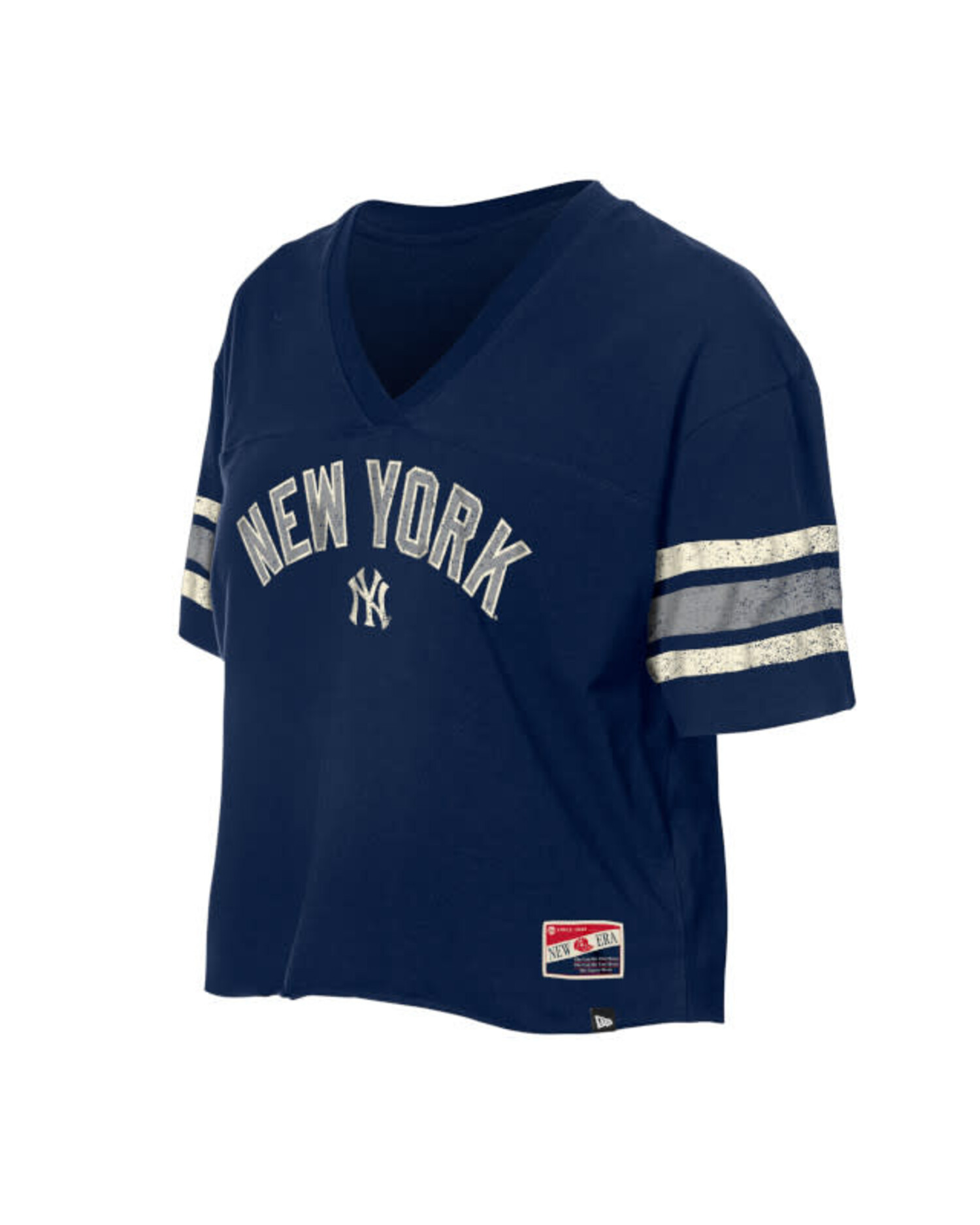 NY Yankees NE Women's Throwback Wordmark Navy Crop V-Neck - The