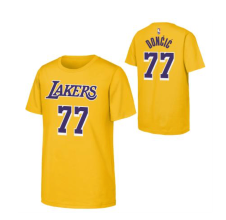 NBA Lakers Youth Luka Doncic Gold Name & Number 77 Tee
