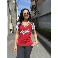 New Era Angels Women's NE Retro Script V-Neck Red/White