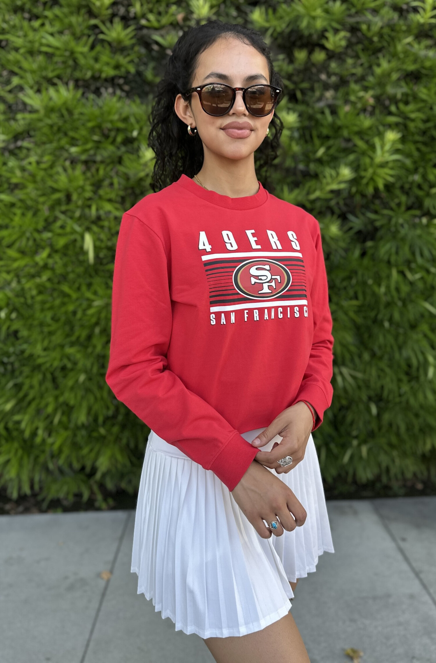 49ers Women's NE Block+Logo Red L/S Crop - The Locker Room of Downey