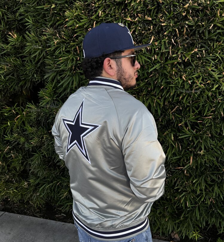 Mitchell and Ness Cowboys M&N Men's Double Clutch Lightweight Satin Jacket Silver