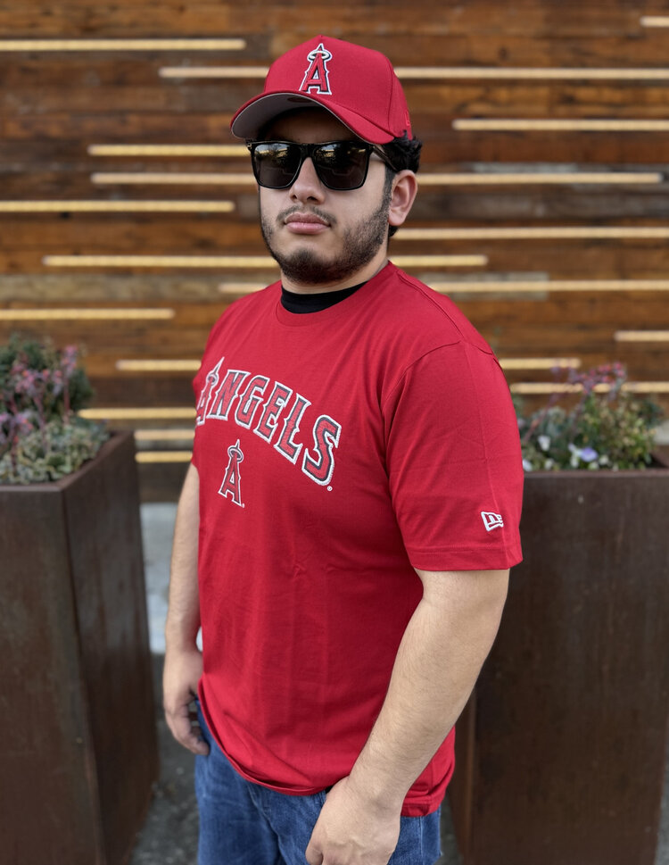 New Era Angels Men's NE Red Distressed Wordmark A Tee