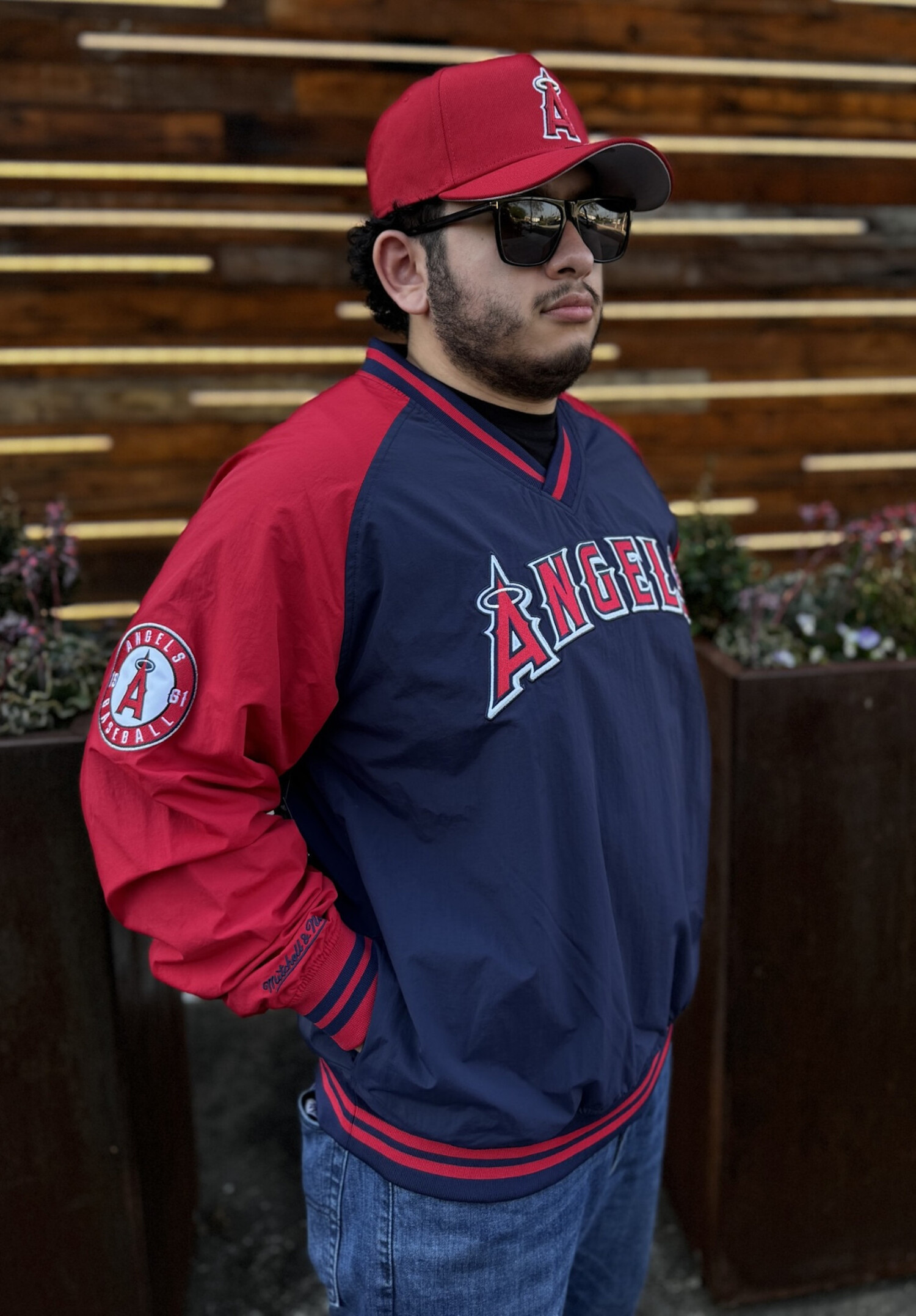 Angels Men's M&N Nylon V-Neck Pullover Jacket Navy/Red - The