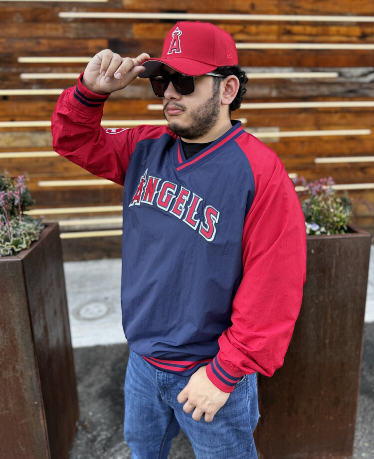 Mitchell and Ness Angels Men's M&N Nylon V-Neck Pullover Jacket Navy/Red