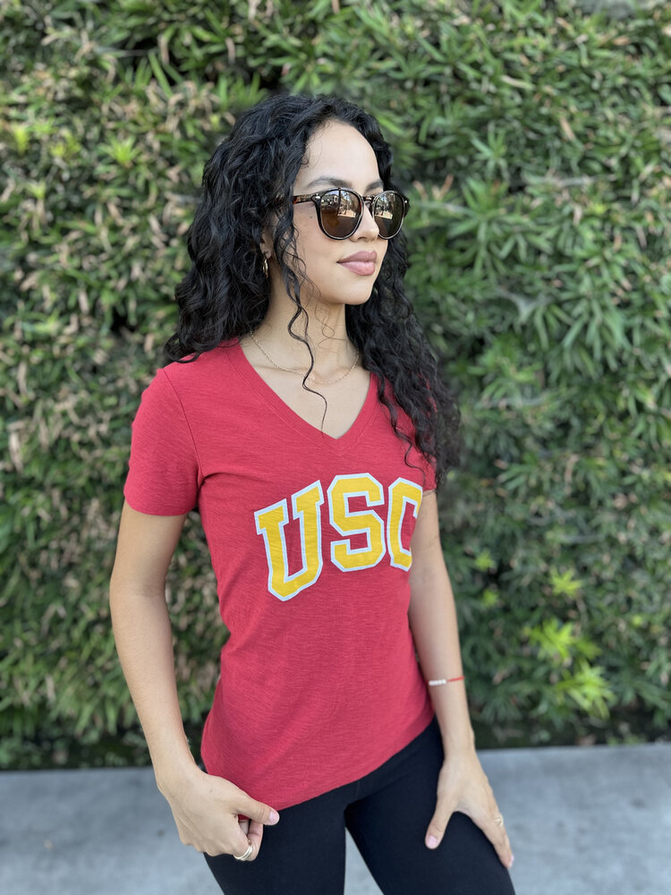 NCAA USC Trojans W V-Neck Arch Block Logo Cardinal