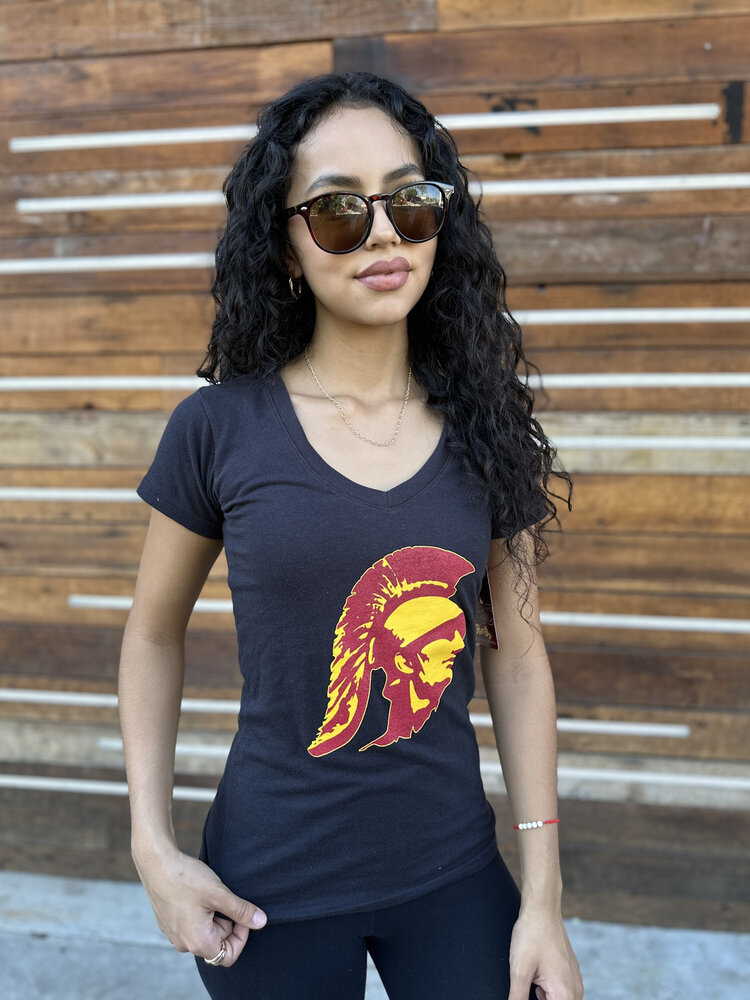 USC Trojans W Spirit Trojan Head V-Neck Black