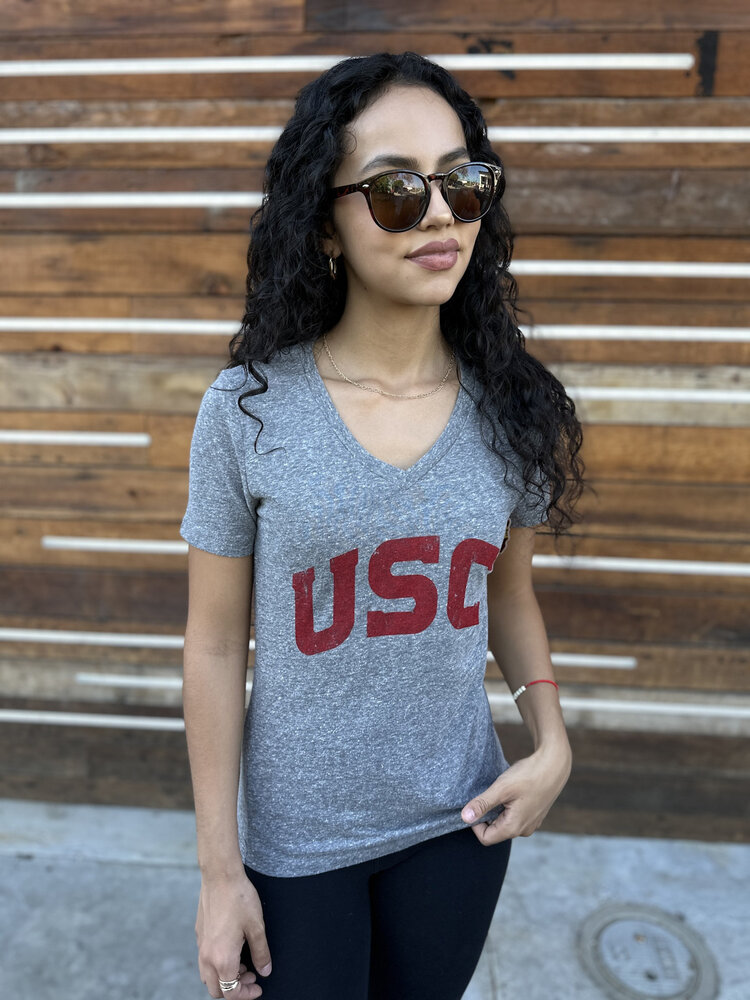 USC W Distessed Arched Heather Gray V-Neck
