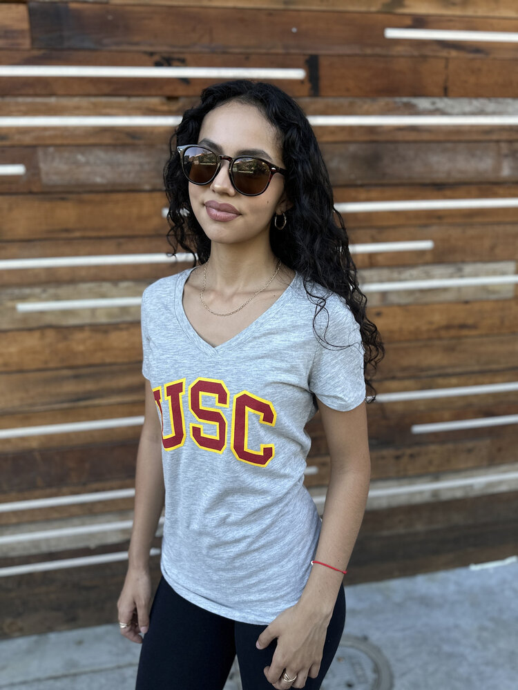 NCAA USC Trojans W V-Neck Arch Block Logo Gray