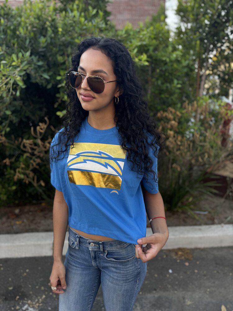 New Era Chargers Women's NE Primary Logo Foil Blue Crew SS Crop Tee