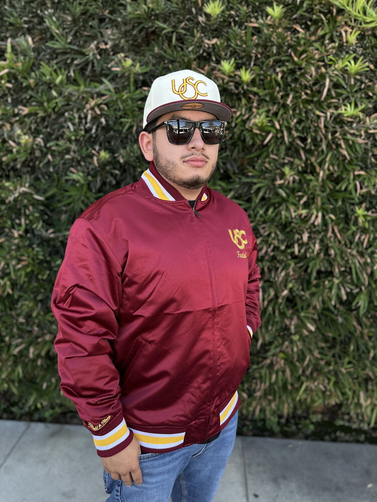 Mitchell and Ness USC Trojans M&N 1989 Retro Dark Cardinal Satin Button Up Jacket