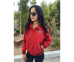 49ers Women's NE Varsity Wool Button Snap Jacket Red/Black - The