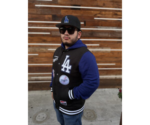 LA Dodgers Men's NE Black Fleece Button Front Varsity Patch Jacket