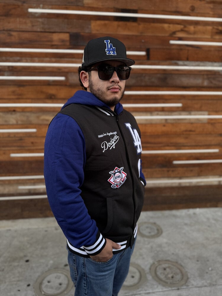 Mitchell and Ness LA Dodgers Men's NE Black Fleece Button Front Varsity Patch Jacket