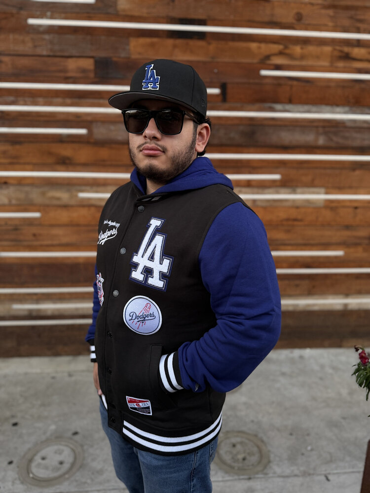 New Era LA Dodgers Men's NE Black Fleece Button Front Varsity Patch Jacket