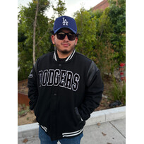 G-III Dodgers Men's Clutch Hitter Varsity Button Snap Jacket Black White