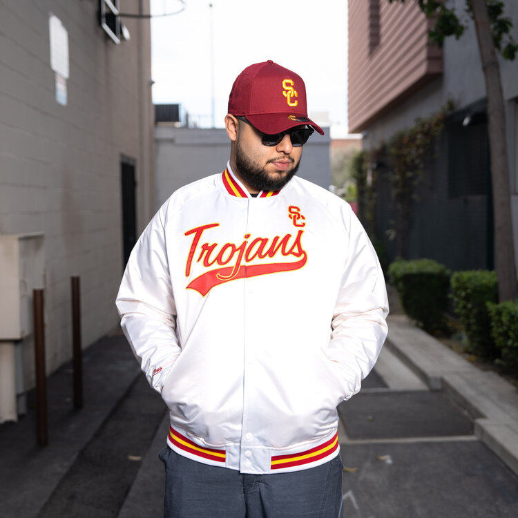 Mitchell and Ness USC Trojans Script M&N Lightweight Satin Jacket White