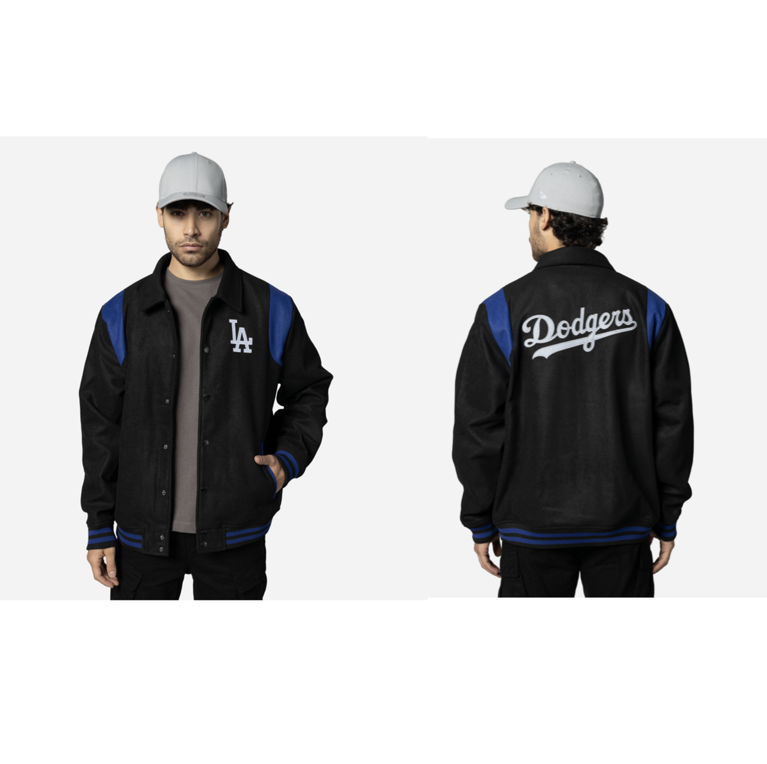 Dodgers Men's NE Varsity Wool Button Snap Jacket Black/Royal - The