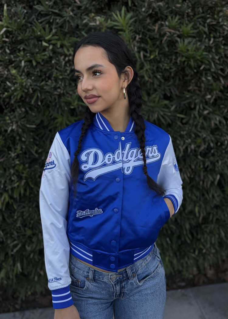 Mitchell and Ness LA Dodgers M&N Women's Double Clutch Crop Satin Jacket Royal/White