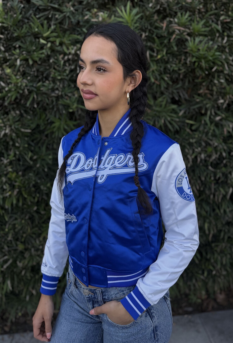 Mitchell and Ness LA Dodgers M&N Women's Double Clutch Crop Satin Jacket Royal/White