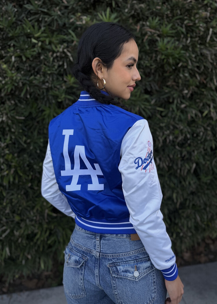 Mitchell and Ness LA Dodgers M&N Women's Double Clutch Crop Satin Jacket Royal/White