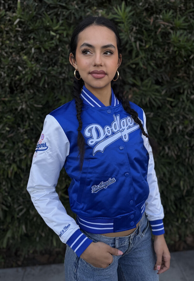 Mitchell and Ness LA Dodgers M&N Women's Double Clutch Crop Satin Jacket Royal/White