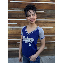 New Era LA Dodgers NE Women's Royal/Gray Glitter Script V-Neck