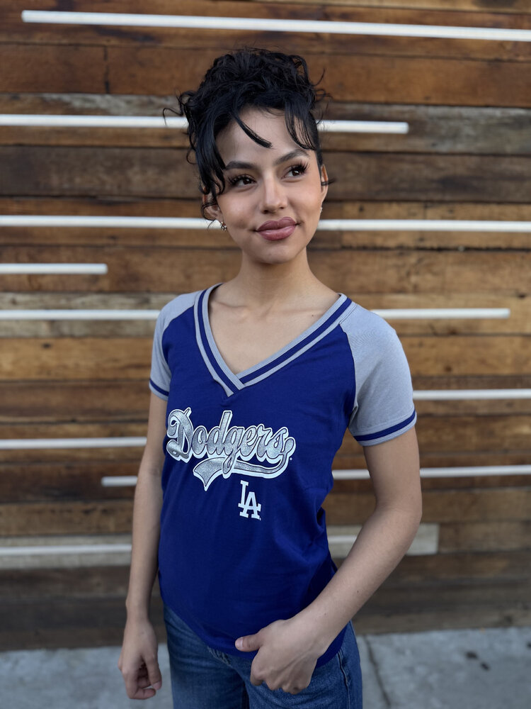 New Era LA Dodgers NE Women's Royal/Gray Glitter Script V-Neck