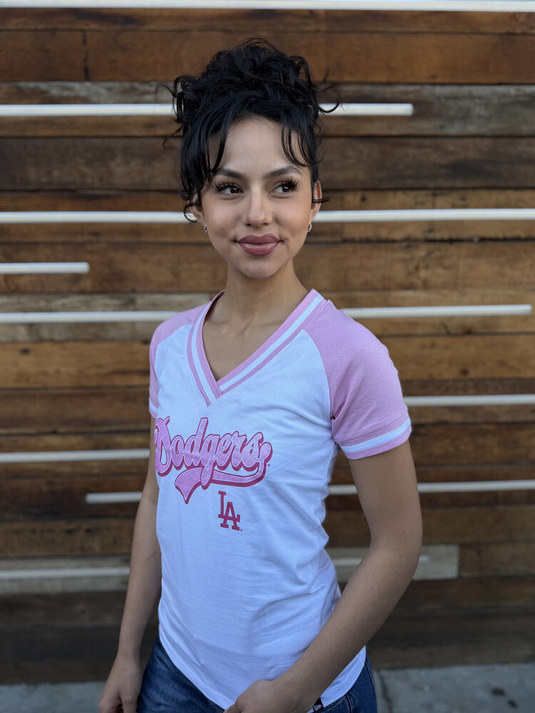 New Era LA Dodgers NE Women's White/Pink Glitter Script V-Neck