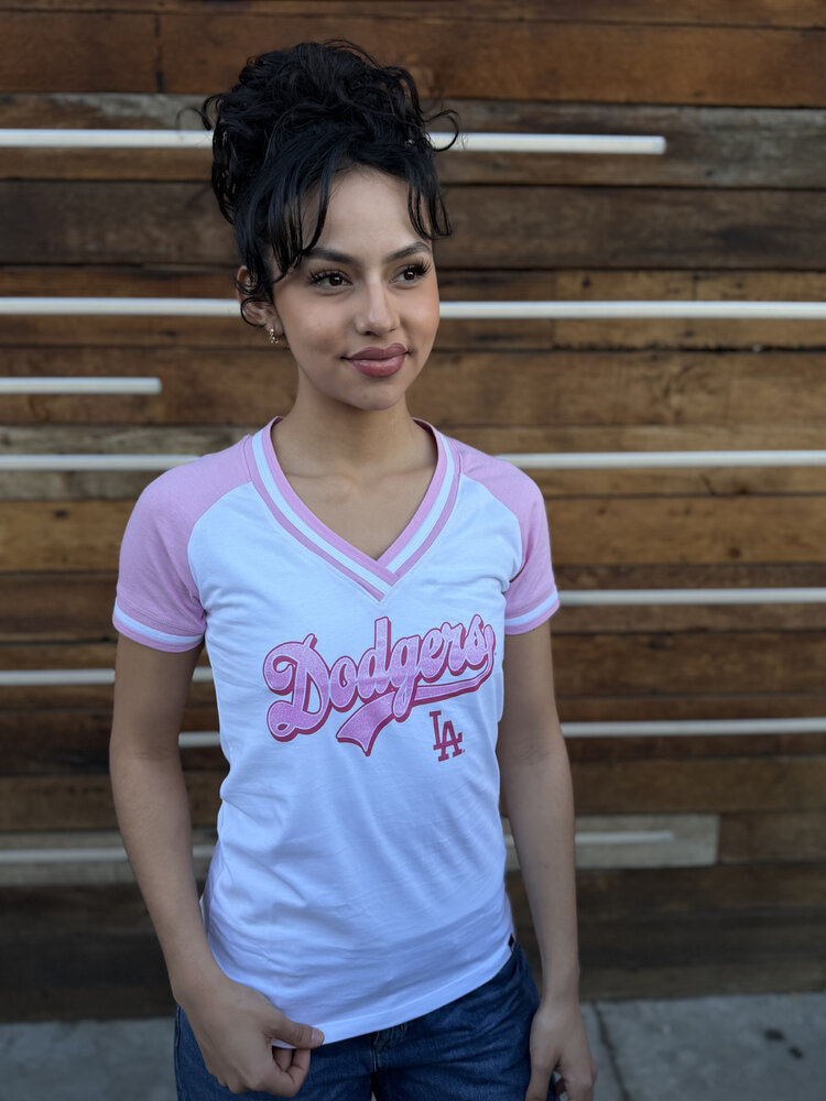 New Era LA Dodgers NE Women's White/Pink Glitter Script V-Neck