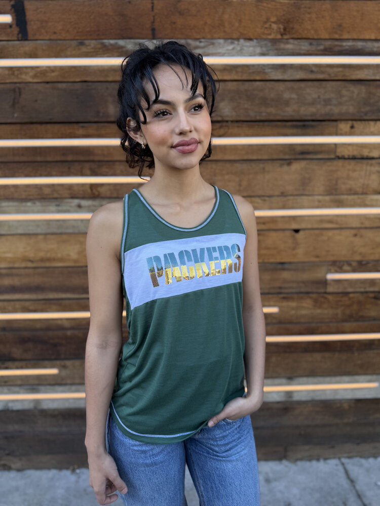 Majestic Packers W Game Time Glitz Tank