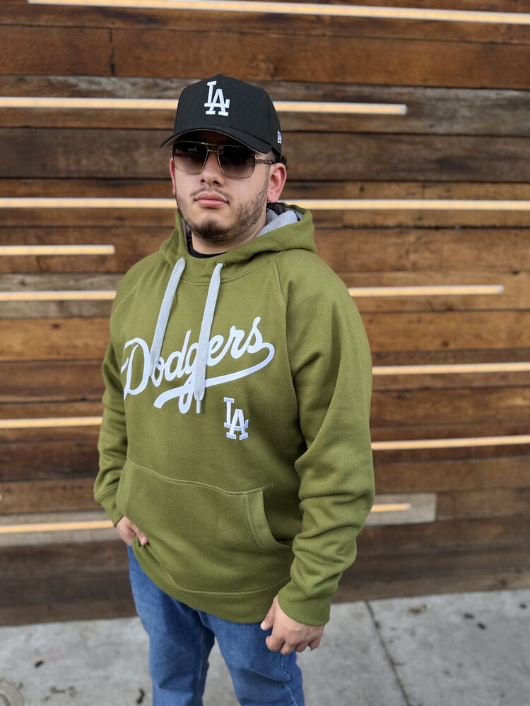 Antigua LA Dodgers Olive Pullover Hoodie Wordmark