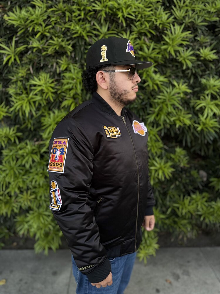 Mitchell and Ness LA Lakers M&N NBA Flight Satin Bomber Jacket Army Black