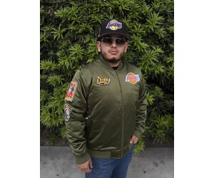 LA Lakers M&N NBA Flight Satin Bomber Jacket Army Green - The