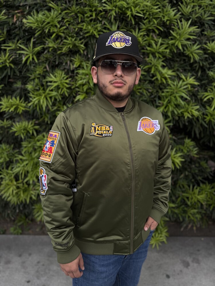Mitchell and Ness LA Lakers M&N NBA Flight Satin Bomber Jacket Army Green