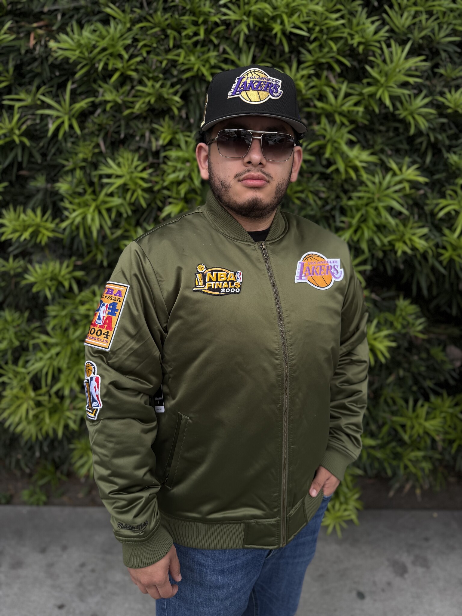 LA Lakers M&N NBA Flight Satin Bomber Jacket Army Green - The
