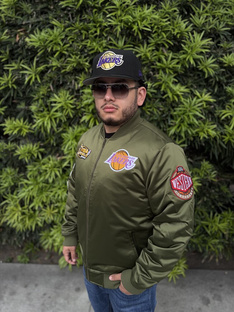 Mitchell and Ness LA Lakers M&N NBA Flight Satin Bomber Jacket Army Green
