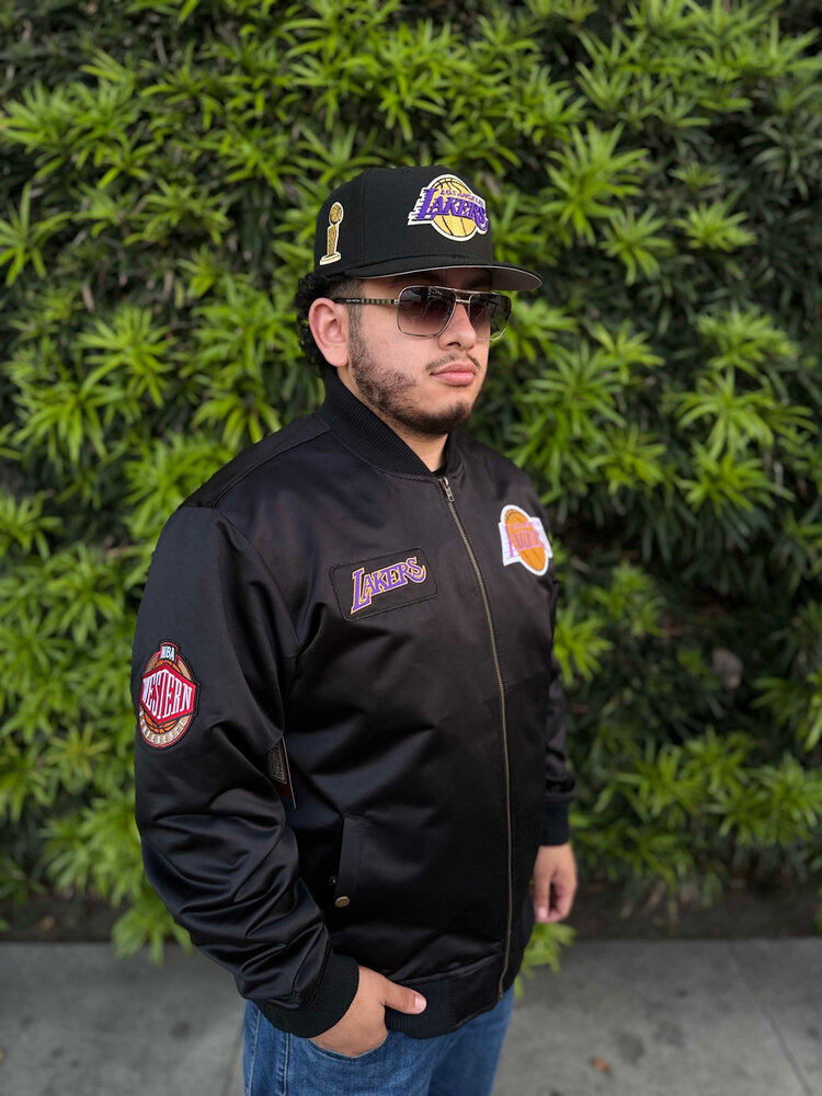 Mitchell and Ness LA Lakers M&N Team Leader Satin Bomber Jacket Black