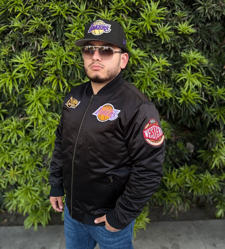 Mitchell and Ness LA Lakers M&N NBA Flight Satin Bomber Jacket Army Black