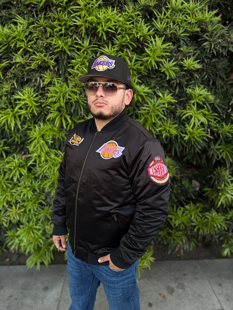 Mitchell and Ness LA Lakers M&N NBA Flight Satin Bomber Jacket Army Black