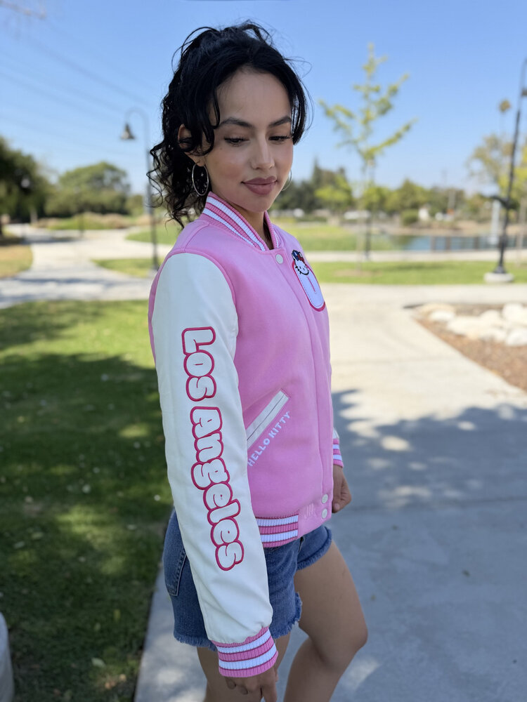 LA x Hello Kitty Collab Women's Pink Reversible Varsity Jacket