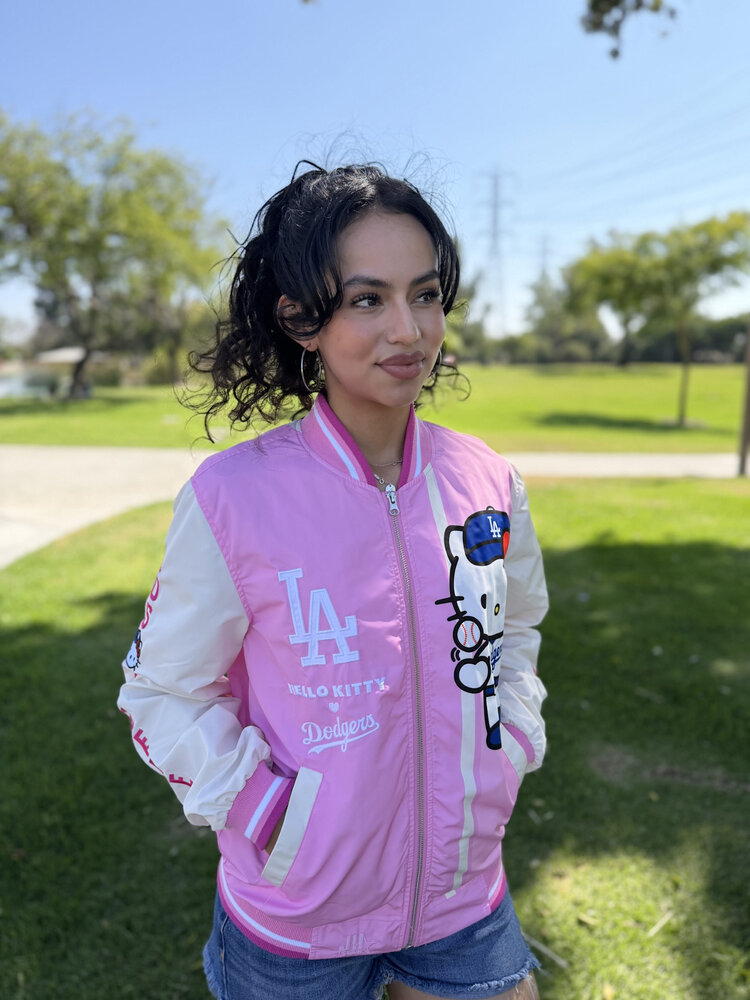 LA x Hello Kitty Collab Women's Pink Sublimated Varsity Bomber F/Z Jacket