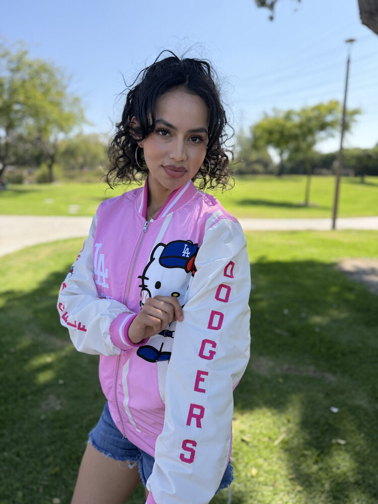 LA x Hello Kitty Collab Women's Pink Sublimated Varsity Bomber F/Z Jacket