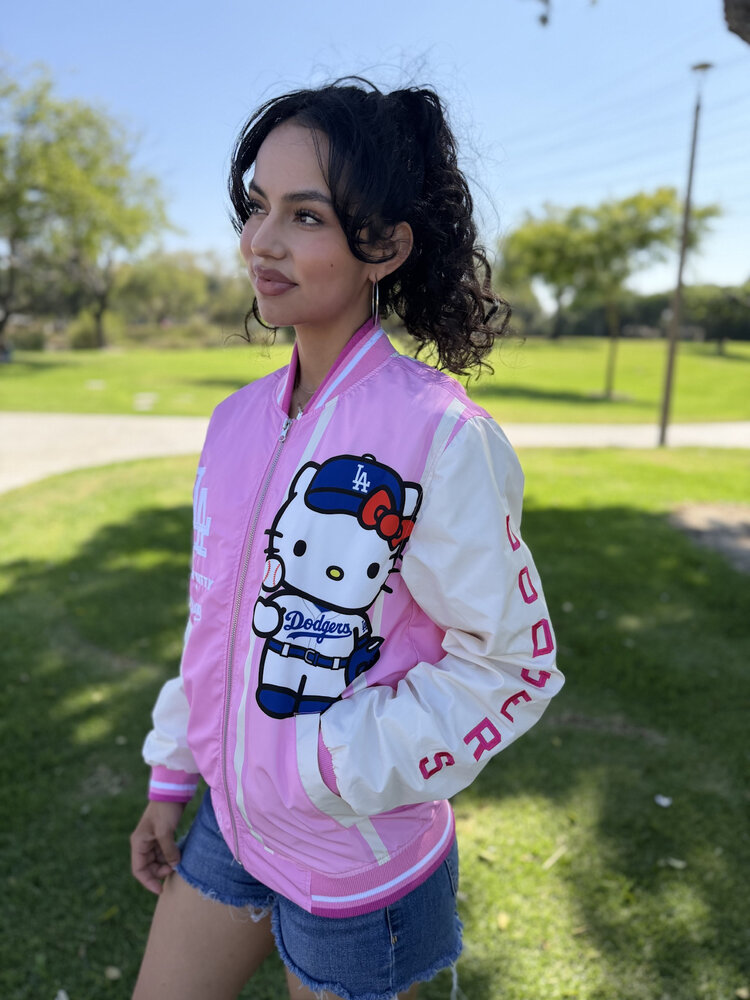 LA x Hello Kitty Collab Women's Pink Sublimated Varsity Bomber F/Z Jacket