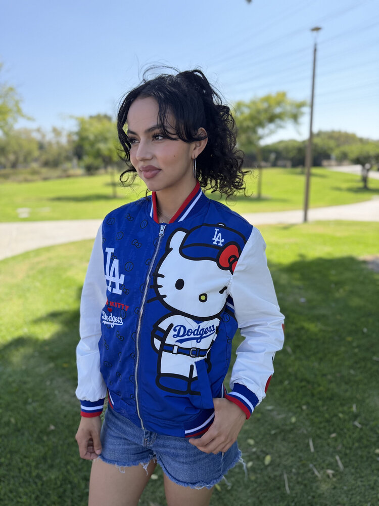 LA x Hello Kitty Collab Women's Royal Sublimated Varsity Bomber F/Z Jacket