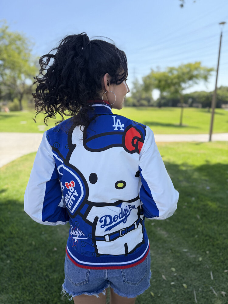 LA x Hello Kitty Collab Women's Royal Sublimated Varsity Bomber F/Z Jacket