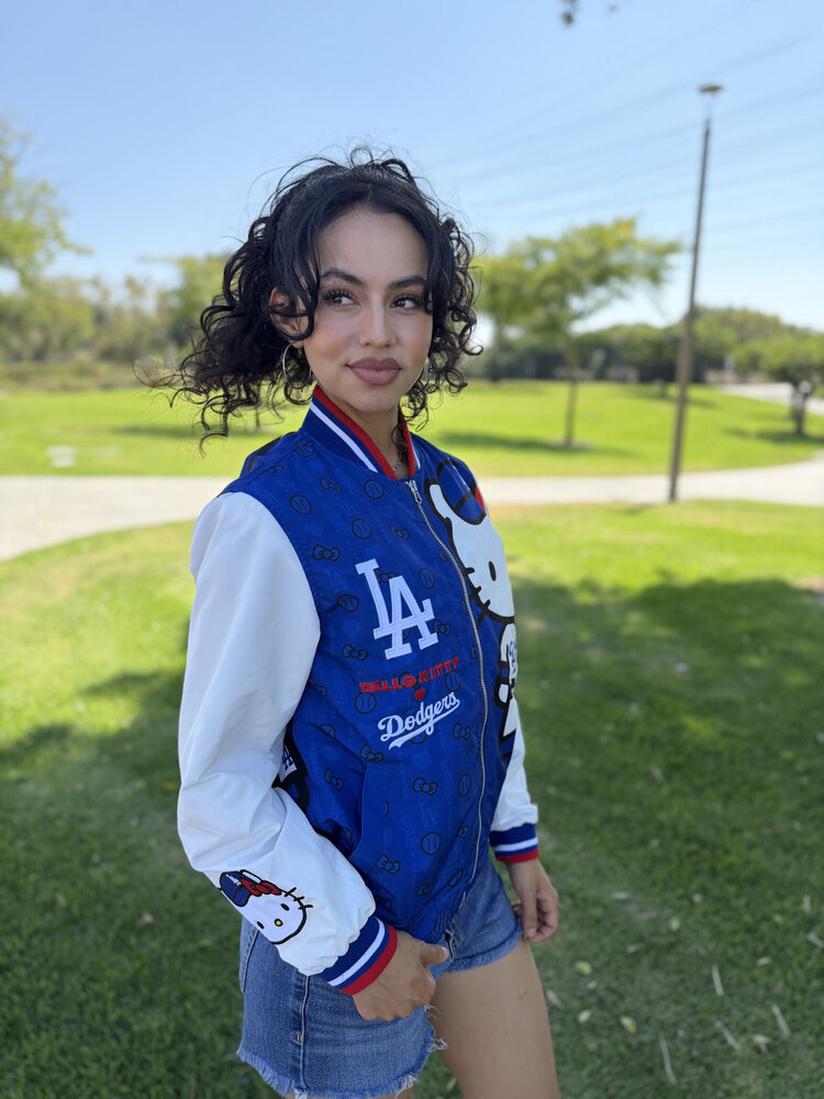 LA x Hello Kitty Collab Women's Royal Sublimated Varsity Bomber F/Z Jacket