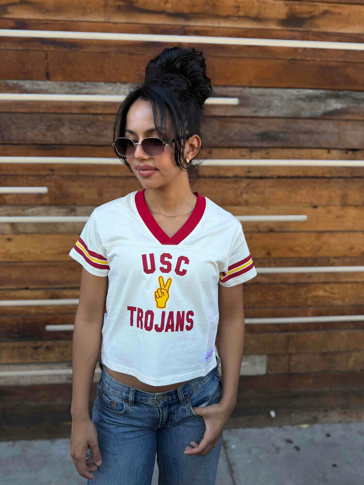 Mitchell and Ness USC Trojans M&N Women's Cream Retro Roots Crop Boxy Yoke Tee